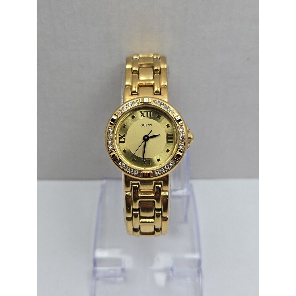 Vintage Guess Womens Gold Tone Crystal Bezel Watch New Battery Dainty Petite